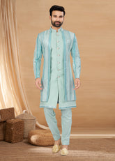 Exclusive Contrasting light blue Thread and Detailed Embroidery Work Indo Western, Sherwani | Indian Traditional Mens Wear